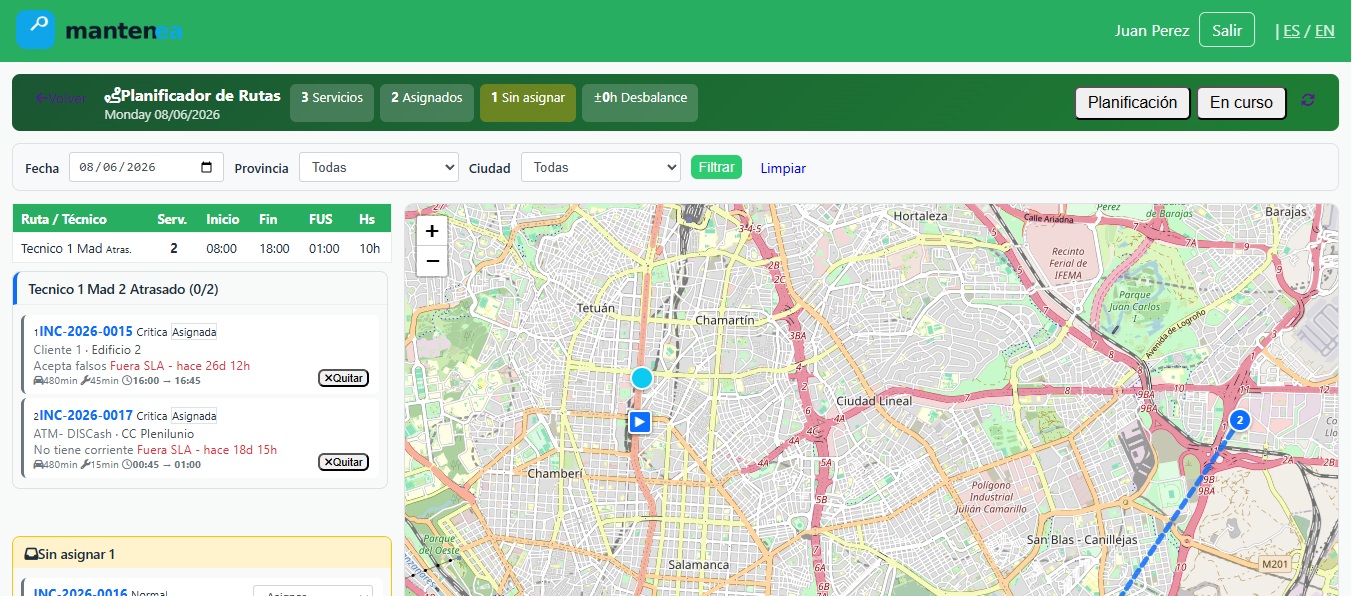 Planificación de rutas de técnicos en Mantenea con mapa interactivo